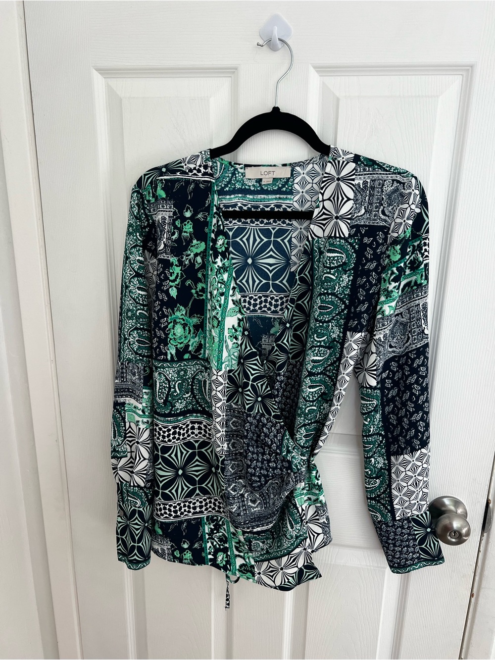 LOFT Green Black White Patchwork Print Blouse